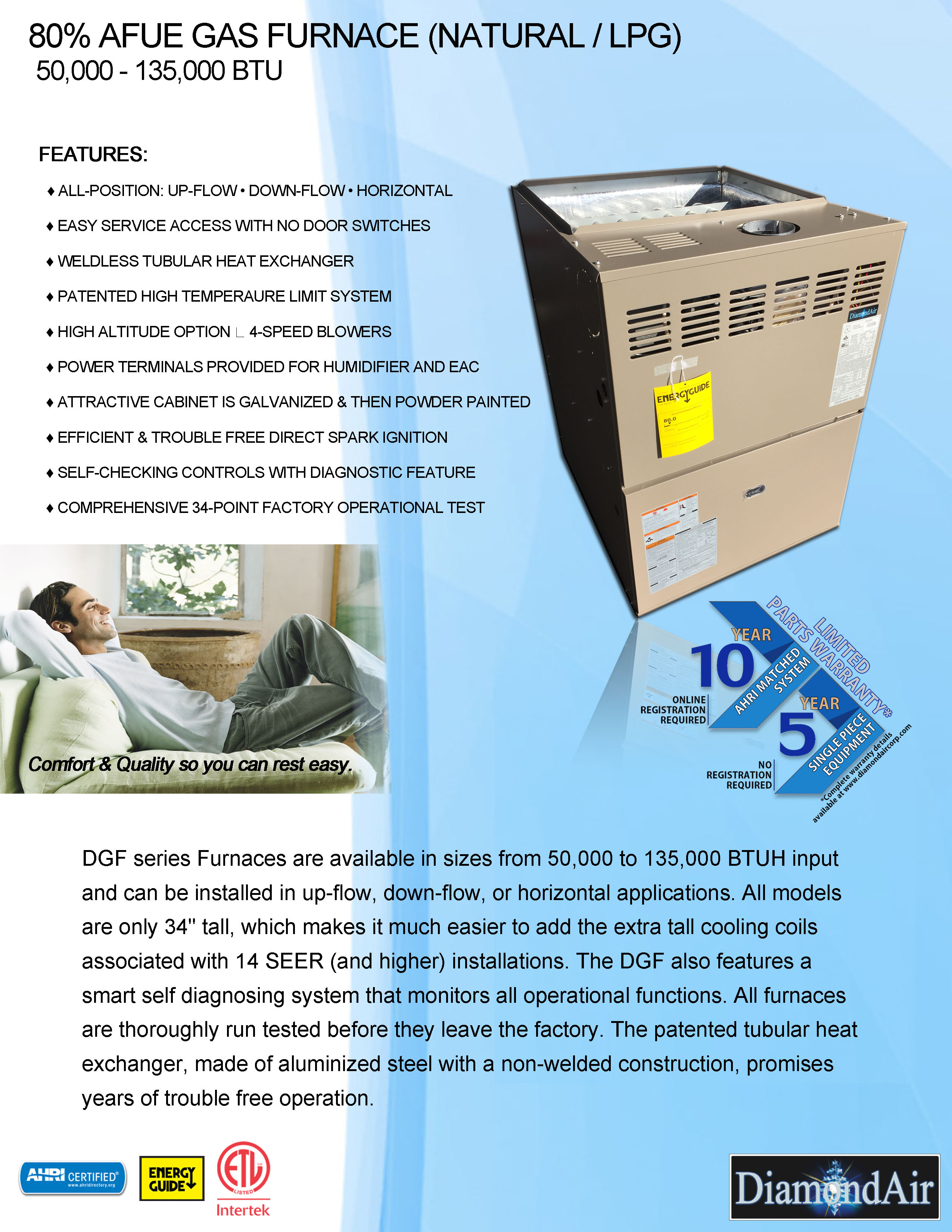 3.5 Ton DiamondAir 14 SEER 80% or 95.5% AFUE 100K BTU System D1442ACL, Furnace, DCC4860ALC (T)